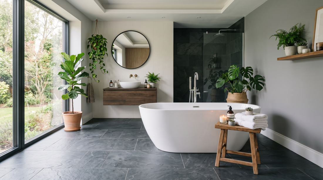 Modern bathroom with porcelain tile floor