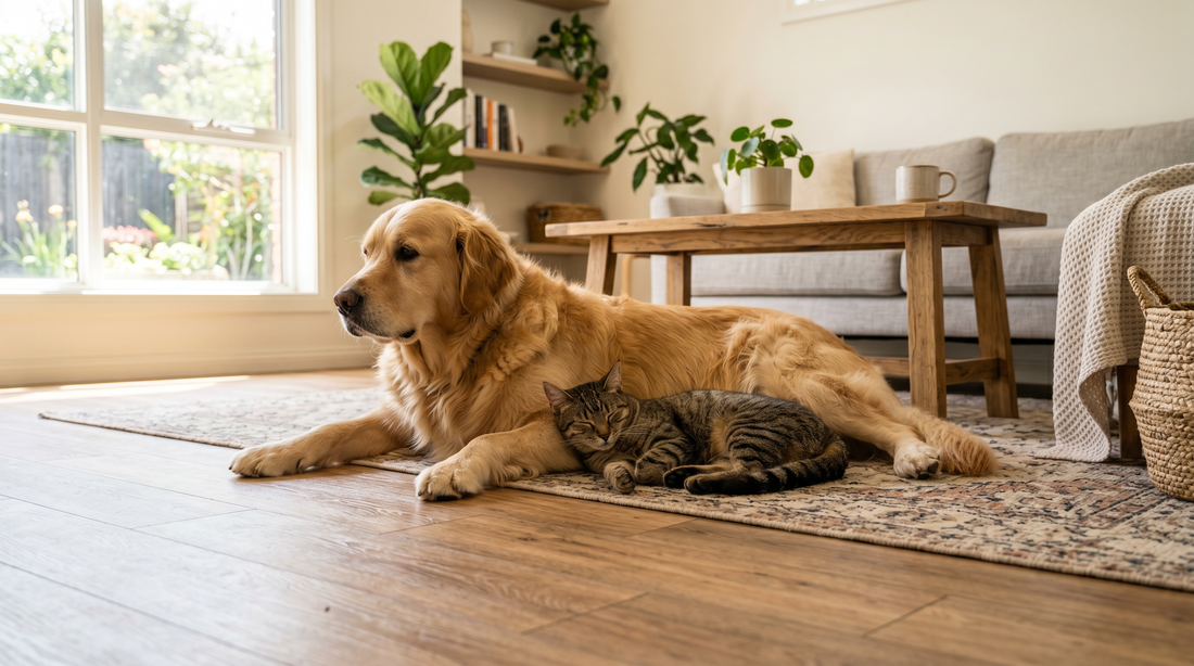 Golden retriever on luxury vinyl plank flooring